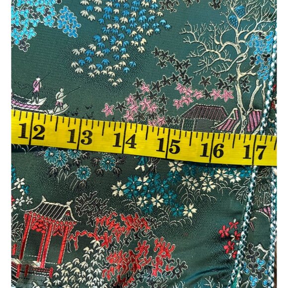 Vintage Asian-Inspired Green Silk Pillow Covers Pagoda Design Set Of 2 17x17 - Picture 4 of 4